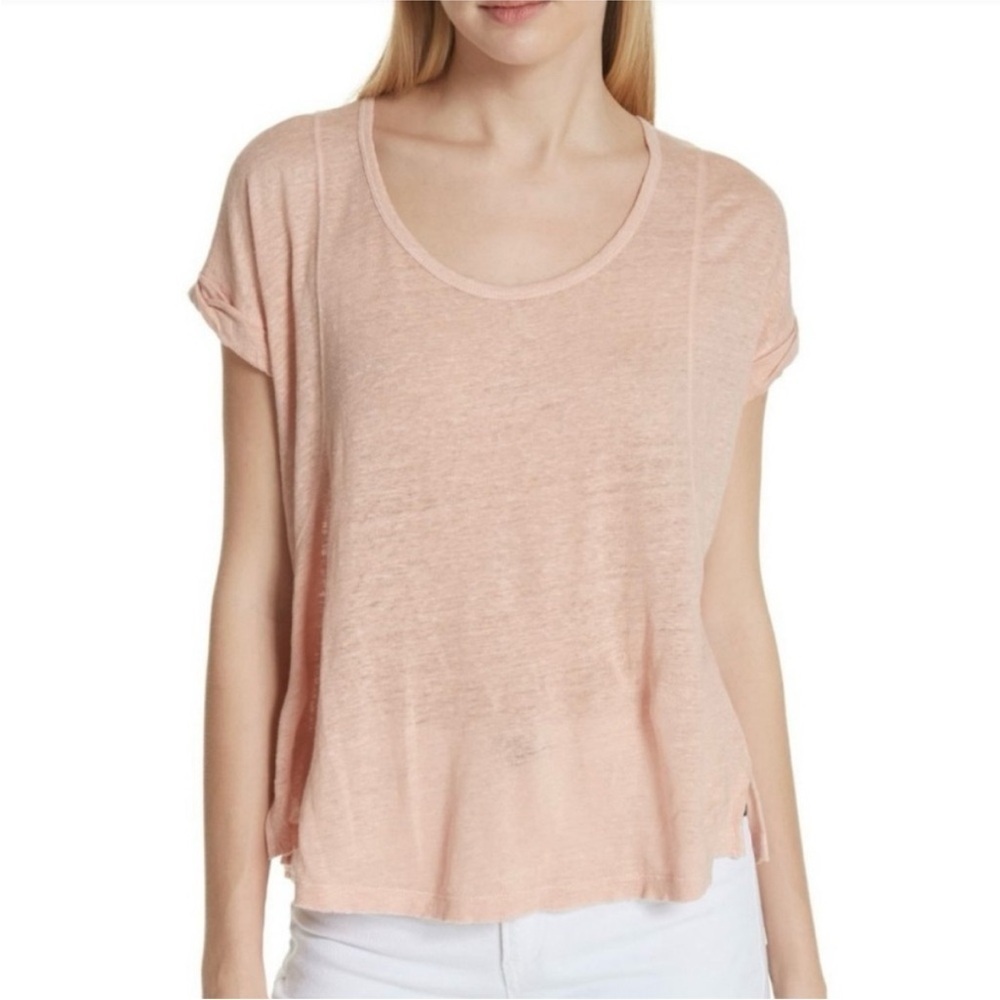 RAG & BONE Lottie Slub Knit Linen Tee – Pale Pink Peach – Raw Hem – XS